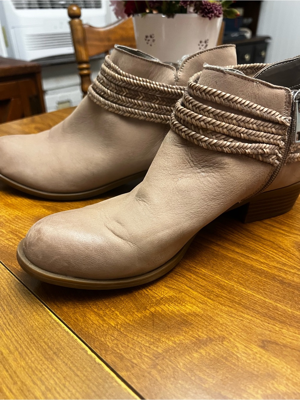 BCBG Taupe beige leather Braided-Strap Ankle Booties fall boots size 10